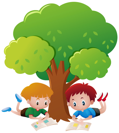 Two boys reading book under tree illustrationのイラスト素材