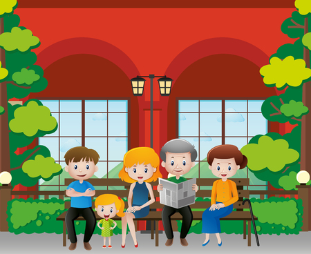 Family members sitting on the bench illustrationのイラスト素材