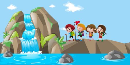 Waterfall scene with kids hiking up illustrationのイラスト素材