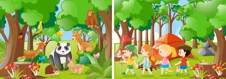 Two forest scenes with kids and wild animals illustrationのイラスト素材