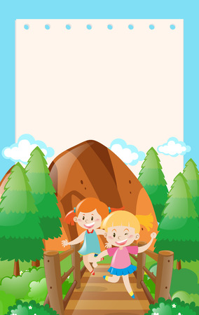 Border template with two girls on the bridge illustrationのイラスト素材