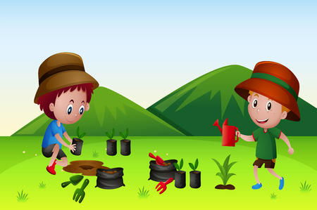 Two boys watering and planting tree in the field illustrationのイラスト素材