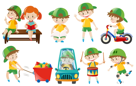 Happy boy doing different actions illustrationのイラスト素材