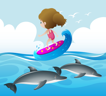 Ocean scene with girl and dolphin illustrationのイラスト素材