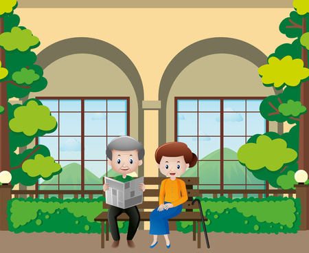 Old people reading newspapers in the garden illustrationのイラスト素材