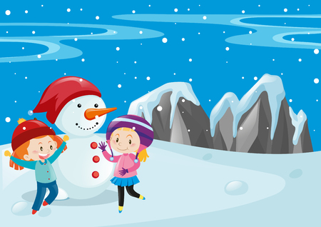Two kids and snowman in the field illustrationのイラスト素材