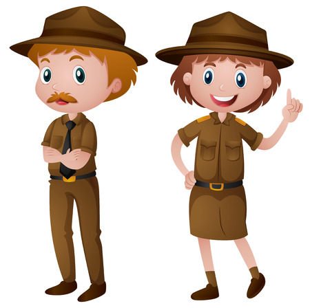 Two park rangers in brown uniform illustrationのイラスト素材