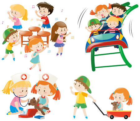 Children playing different games illustrationのイラスト素材