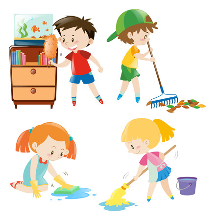 Four kids doing different chores at home illustrationのイラスト素材