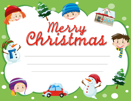 Christmas card template with kids and trees illustrationのイラスト素材