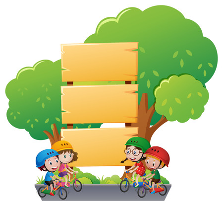 Wooden sign template with kids on bike illustrationのイラスト素材