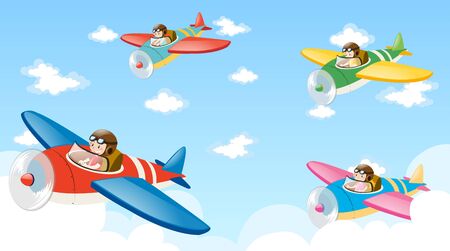 Scene with four pilots flying plane illustrationのイラスト素材