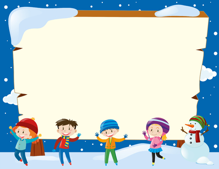 Border template with four children and snowman illustrationのイラスト素材