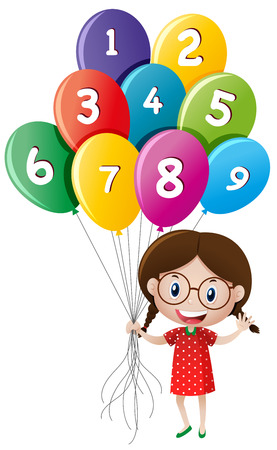 Cute girl holding balloons with numbers illustrationのイラスト素材