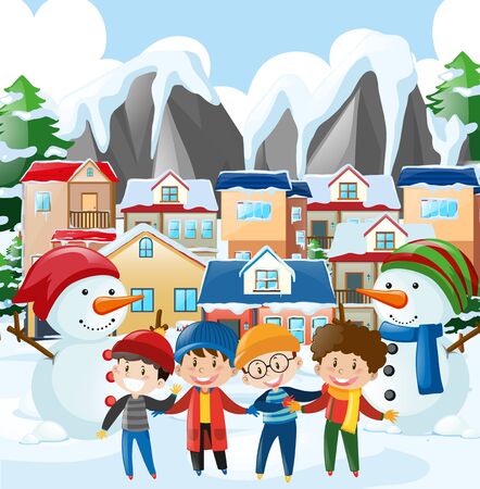 Neighborhood scene with four boys in winter clothes illustrationのイラスト素材