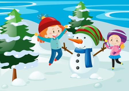 Scene with kids and snowman illustrationのイラスト素材