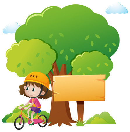 Wooden sign template with girl biking illustrationのイラスト素材