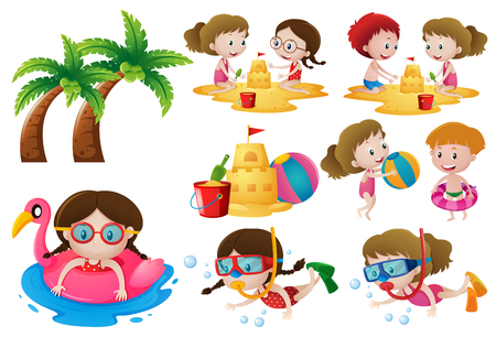 Kids doing different activities on the beach illustrationのイラスト素材