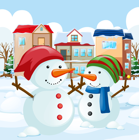 Two snowman in the field illustrationのイラスト素材