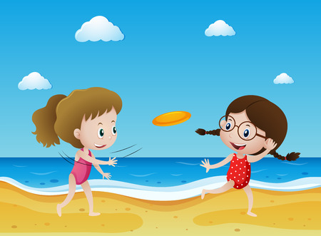 Two kids flying frisbee on the beach illustrationのイラスト素材