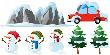 Winter set with snowman and tree illustrationのイラスト素材