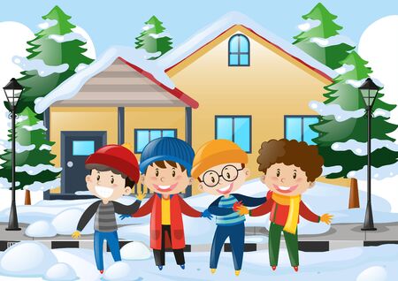 Four boys standing on the road covered with snow illustrationのイラスト素材