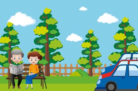 Grandparents sitting in the park illustrationのイラスト素材