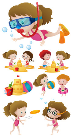 Children playing on the beach and swimming in the sea illustrationのイラスト素材