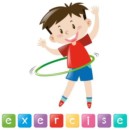 Wordcard for exercise with boy playing hulahoop illustrationのイラスト素材