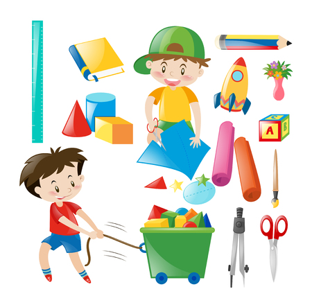 Boys and many school items illustrationのイラスト素材