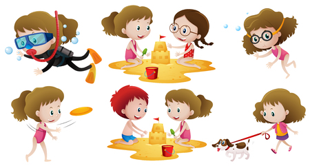 Little girl doing different actions with friends illustrationのイラスト素材
