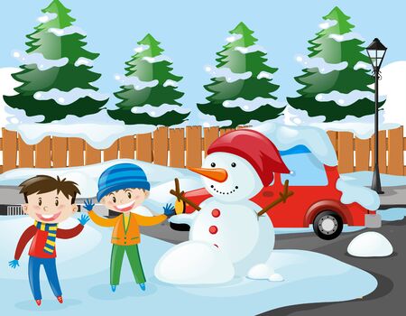 Two boys and snowman on the road illustrationのイラスト素材