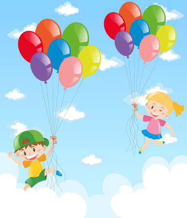 Two kids holding balloons in the sky illustrationのイラスト素材