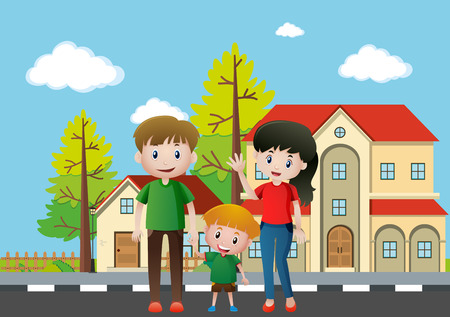 Family members standing in front of the house illustrationのイラスト素材