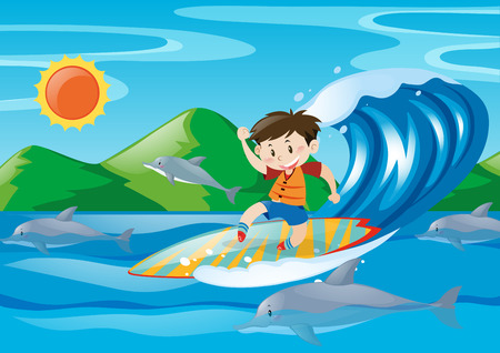 Boy surfing on the giant wave illustrationのイラスト素材