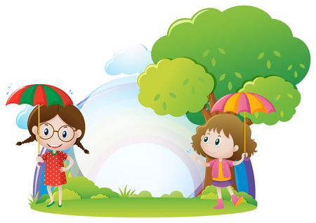 Two girls with umbrella in the park illustrationのイラスト素材