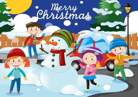 Christmas theme with kids and snowman in the village illustrationのイラスト素材