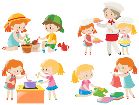 Kids doing different chores illustrationのイラスト素材