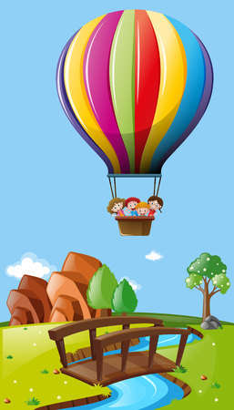 Kids riding balloon over the field illustrationのイラスト素材