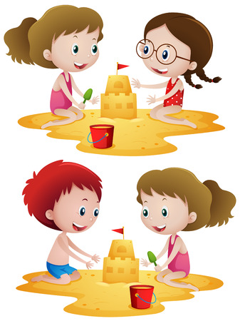 Children playing sandcastle on beach illustrationのイラスト素材