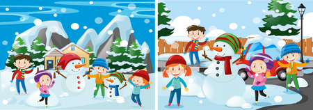 Children playing with snow illustrationのイラスト素材
