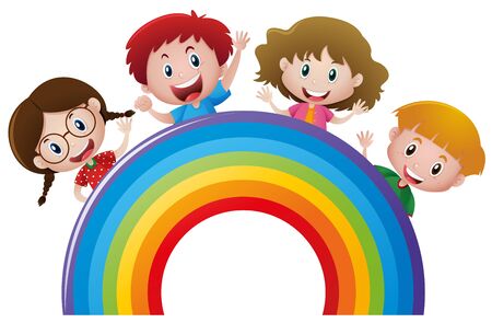 Four kids and colorful rainbow illustrationのイラスト素材