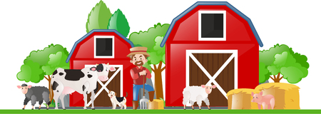 Farm scene with farmer and many animals illustrationのイラスト素材