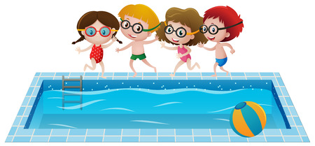 Four kids by the swimming pool illustrationのイラスト素材