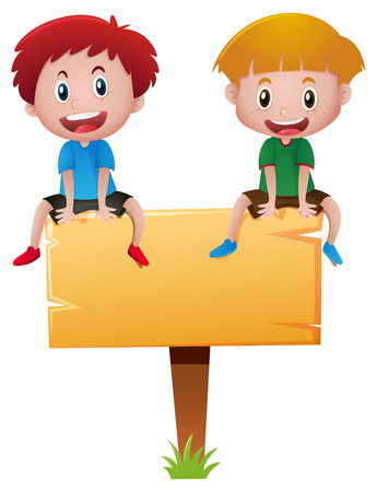 Two boys sitting on wooden sign illustrationのイラスト素材