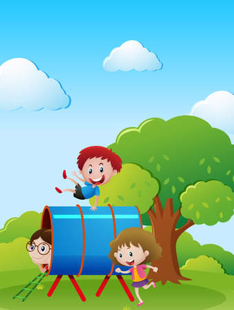 Three kids playing in the park illustrationのイラスト素材