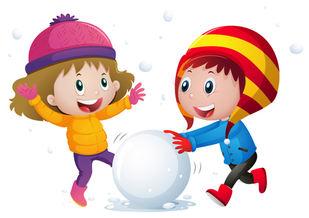 Two kids playing snowball in the field illustrationのイラスト素材