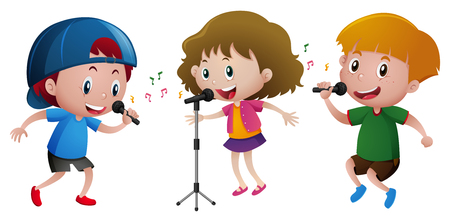 Three kids singing on microphone illustrationのイラスト素材