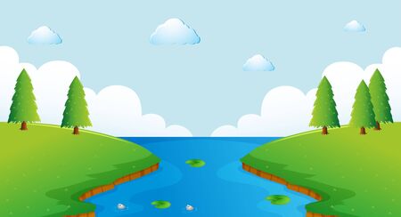 Scene with river and trees illustrationのイラスト素材