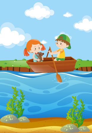 Two kids row boat in river illustrationのイラスト素材